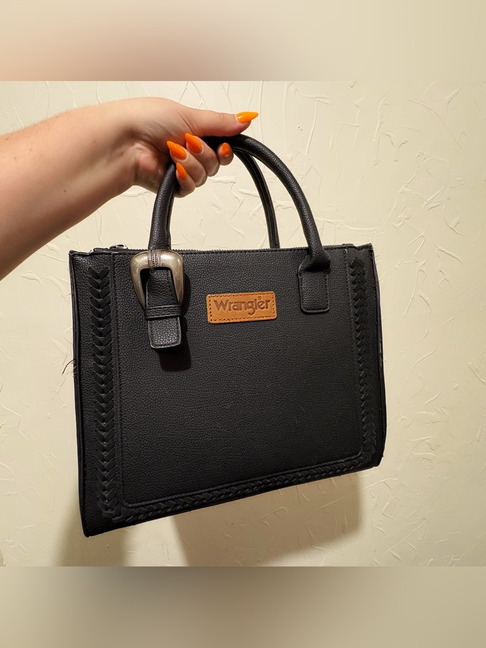 Wrangler black pebbled faux leather buckle detail + crossbody strap